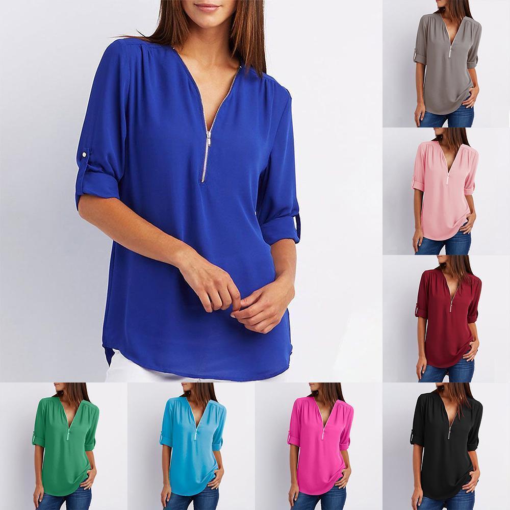 V Neck Zipper Patchwork Plain Blouses