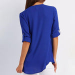 V Neck Zipper Patchwork Plain Blouses