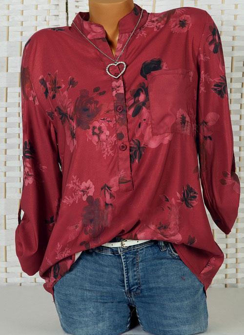 Floral Casual Stand Collar Long Sleeve Blouses TOPS.FL