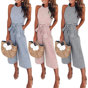 Women Summer Striped Sleeveless Back Zipper Jumpsuits