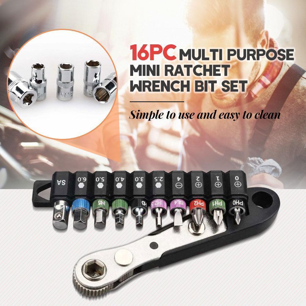 16pc Multi Purpose Mini Ratchet Wrench Bit Set