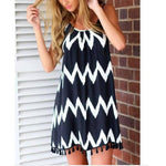 New Black & White Wavy Stripes Tassel Sexy Sling Vacation Dress.WH