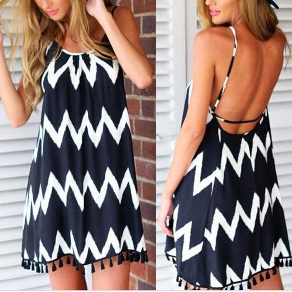 New Black & White Wavy Stripes Tassel Sexy Sling Vacation Dress.WH