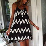 New Black & White Wavy Stripes Tassel Sexy Sling Vacation Dress.WH