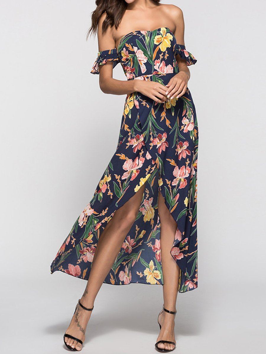 New Strapless  Asymmetric Hem  Printed Maxi Dress.MC