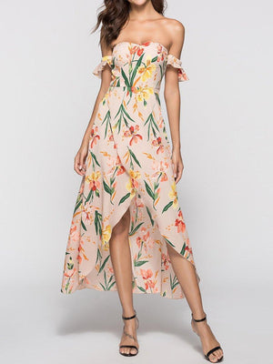 New Strapless  Asymmetric Hem  Printed Maxi Dress.MC