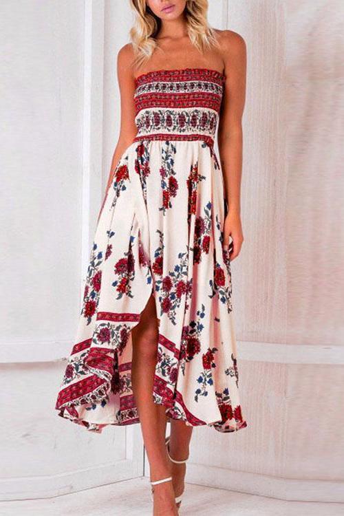 New Off Shoulder Elastic Strapless Irregular Printing Vacation Dress.AQ