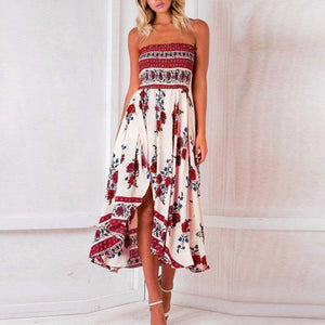 New Off Shoulder Elastic Strapless Irregular Printing Vacation Dress.AQ