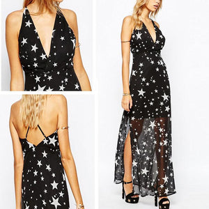 New V Collar Backless Pentagram Printing Split Vacation Dress.MC