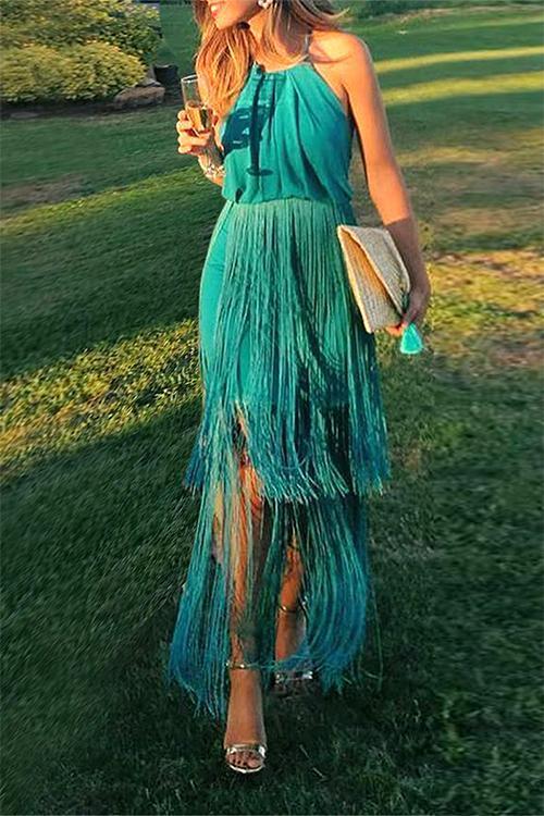 New Sexy Green Tassel Halter Sleeveless Maxi Dress.WH