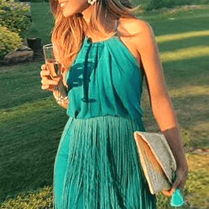 New Sexy Green Tassel Halter Sleeveless Maxi Dress.WH