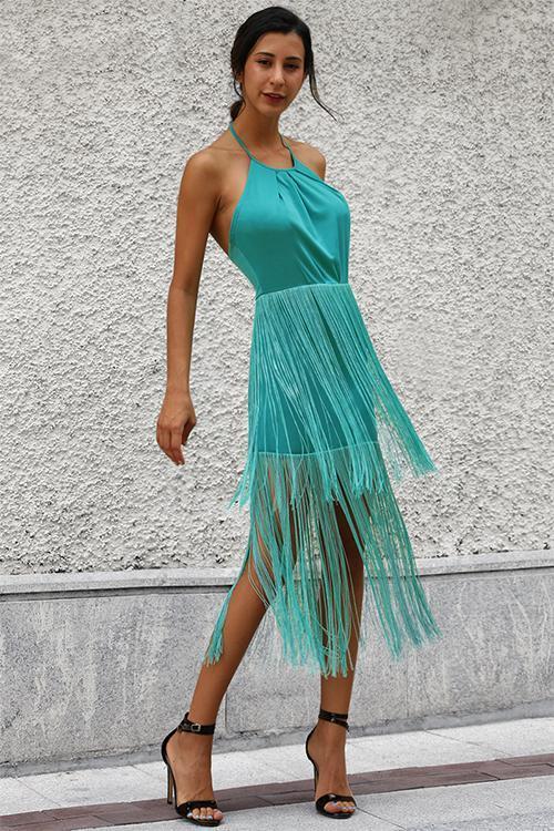 New Sexy Green Tassel Halter Sleeveless Maxi Dress.WH