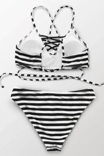 Black Stripe Lace-Up Bikini.c