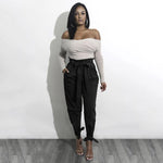 Women Solid Loose Pants Casual High Waist Belt Pocket Bow Tie Ruffles Trousers