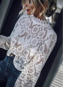 Solid Elegant Round Neckline Long Sleeve Blouses TOPS.FL