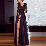 New Casual Long Sleeve Lace Inwrought Splicing Slit Maxi Dresses.MC