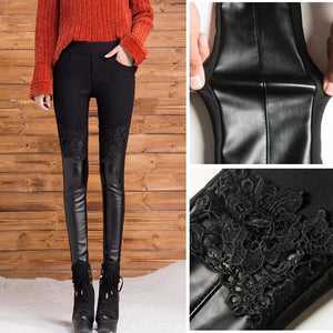 Womens Leggings With Lace Embroidery PU Elastic Long Pants