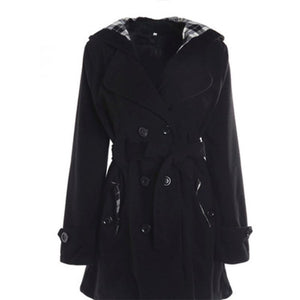 Women Double Breasted Slim Hoodie Solid Casual Long Pea Coat with Belt