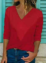 Solid Casual V-Neckline Long Sleeve Blouses TOPS.FL