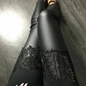 Womens Leggings With Lace Embroidery PU Elastic Long Pants