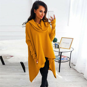 Solid Color Long-Sleeved Irregular Hooded Sweater