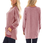 Womens Casual Color Block Long Sleeve Round Neck Pocket T Shirts