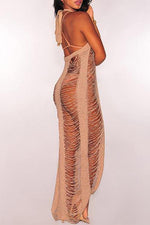 New Distressed Halter Neck Sleeveless Long Beachwear