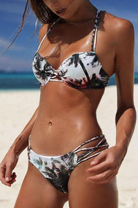 New Boho Palm Printed Strappy Bikini Swimsuit in Black.MC