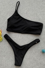 New Ribbed High Cut One Shoulder Thong Bikini Swimsuit in Black.MC