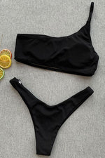 New Ribbed High Cut One Shoulder Thong Bikini Swimsuit in Black.MC