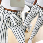 Women Striped Long Tie High Waist Ladies Pants