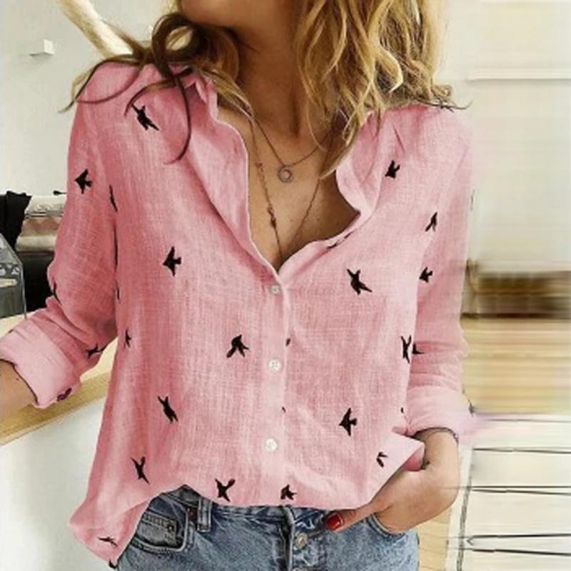 Women Floral Print Sexy Turn-down Collar Button Blouse